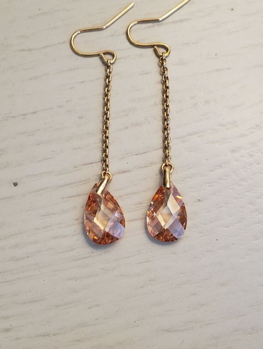 Gold Chain Drop Earrings with Peach Crystal Teardrops